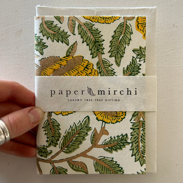 Hand block printed greeting card - Marigold glitz sunshine