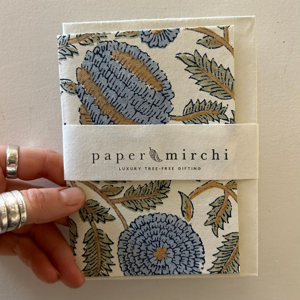 Hand block printed greeting card - Marigold glitz Blue Stone