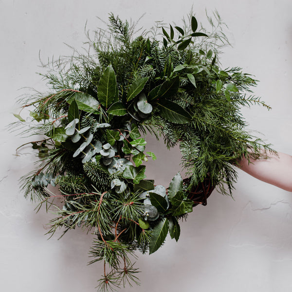 Festive Full Greenery Wreath on Mossy base