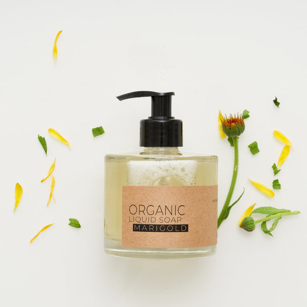 Organic Marigold Liquid Soap in Glass Pump Bottle