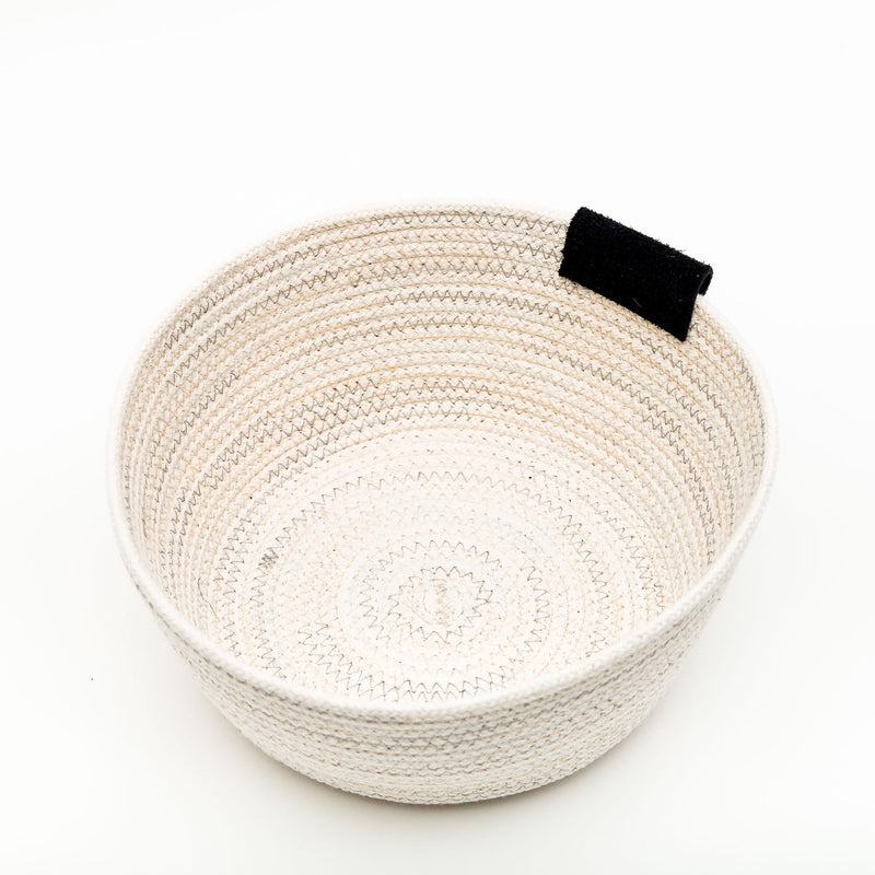 Grey Blue Stitched Cotton Rope Basket With Leather Tab