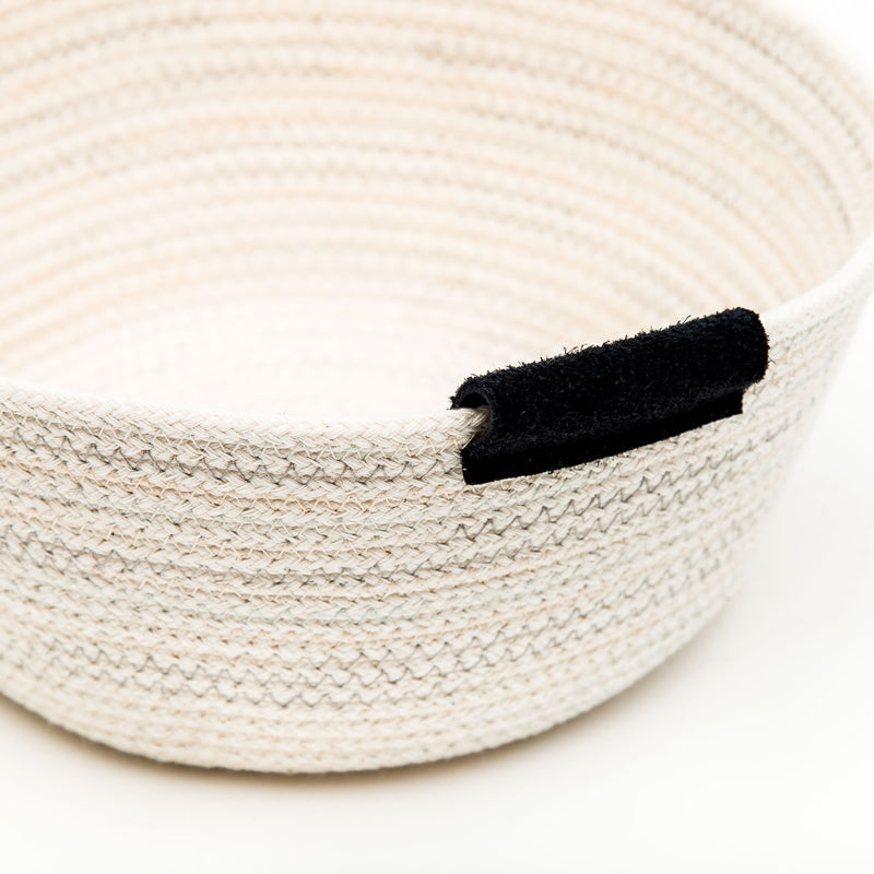 Grey Blue Stitched Cotton Rope Basket With Leather Tab