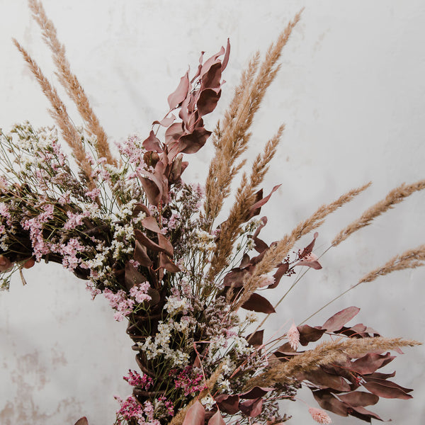 Dark Palomino Wild Grasses & Soft Ruby Dried Floral Wreath