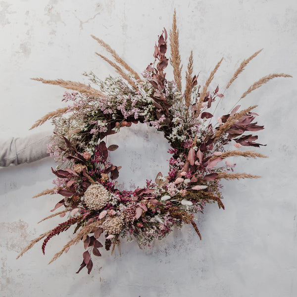 Dark Palomino Wild Grasses and Soft Ruby Dried Floral Wreath for online delivery