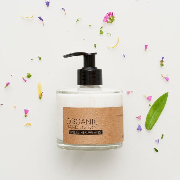 Wild Flower Organic Hand Lotion In Glass Pump Bottle